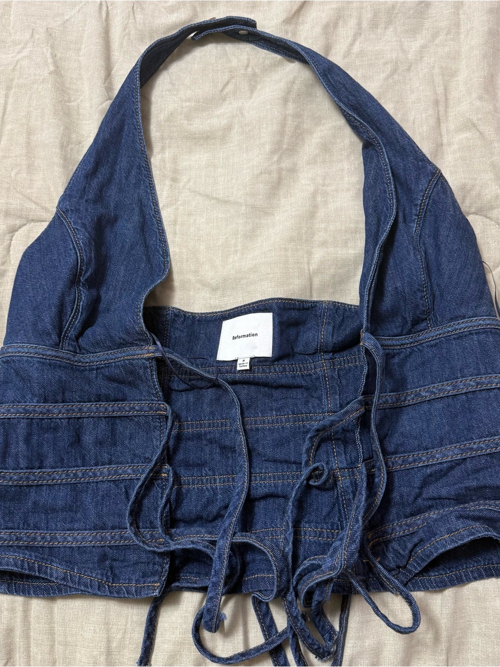 Reformation Dark Blue Denim Lace-Up Halter Top - Picture 2 of 8